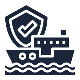 Cargo ship with security shield and checkmark