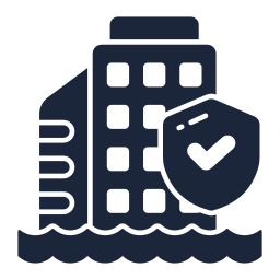 Waterfront buildings with shield and checkmark